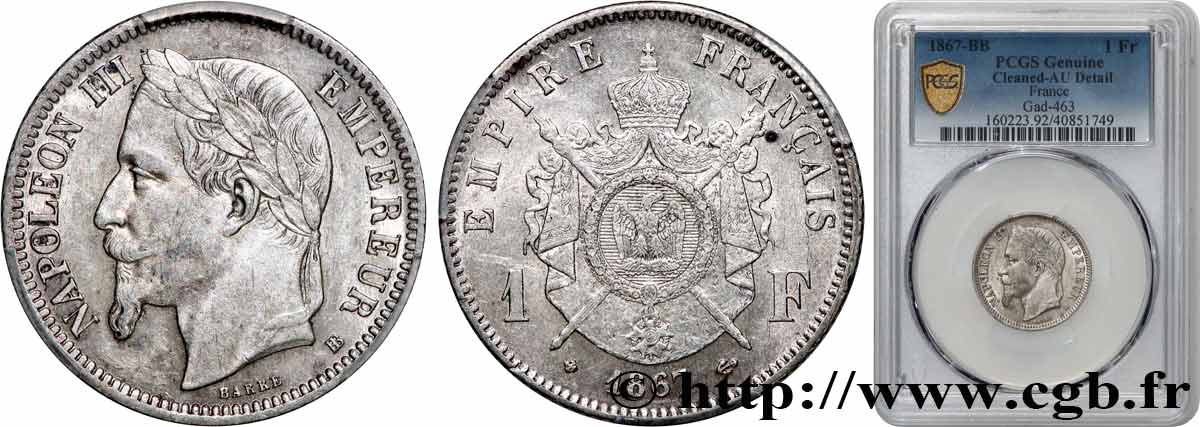 1 franc Napoléon III, tête laurée 1867 Strasbourg F.215/7 TTB+ PCGS