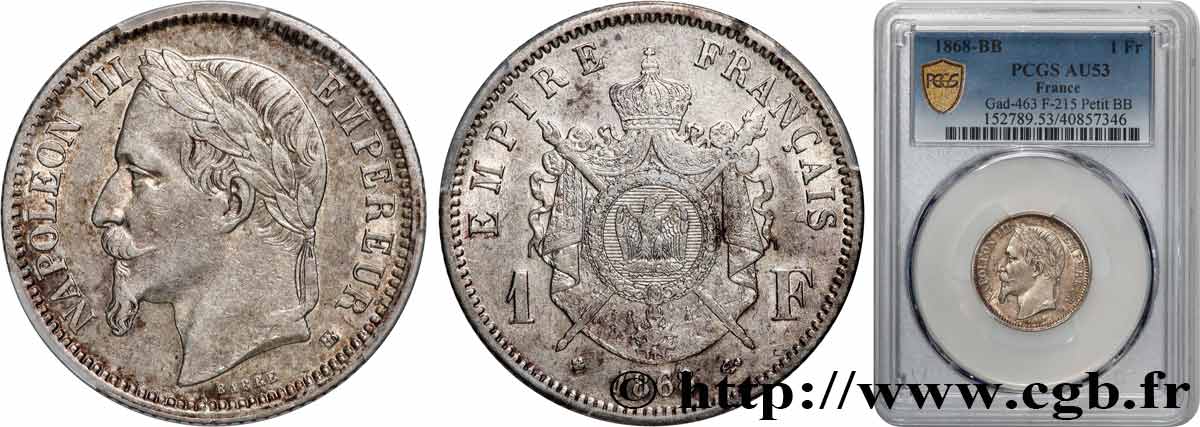 1 franc Napoléon III, tête laurée 1868 Strasbourg F.215/11 AU53 PCGS