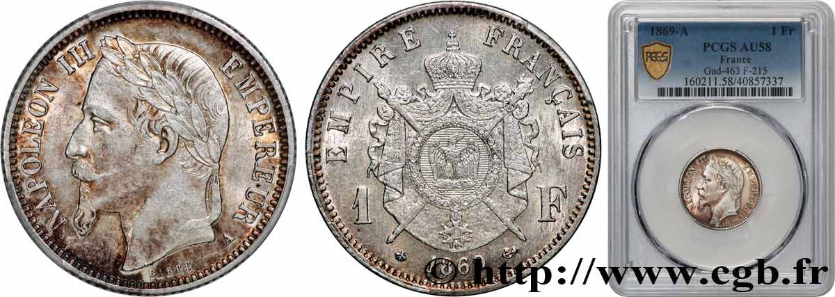 1 franc Napoléon III, tête laurée 1869 Paris F.215/12 AU58 PCGS