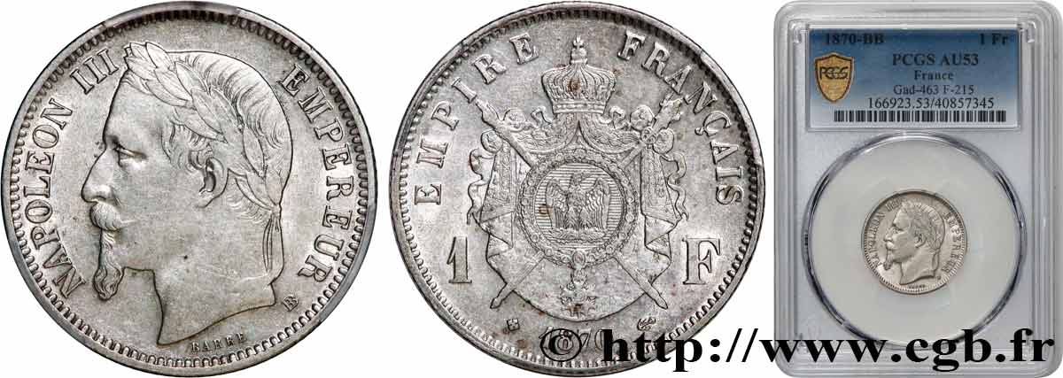 1 franc Napoléon III, tête laurée 1870 Strasbourg F.215/14 TTB53 PCGS