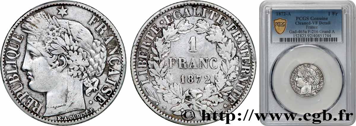 1 franc Cérès, IIIe République 1872 Paris F.216/4 TB PCGS