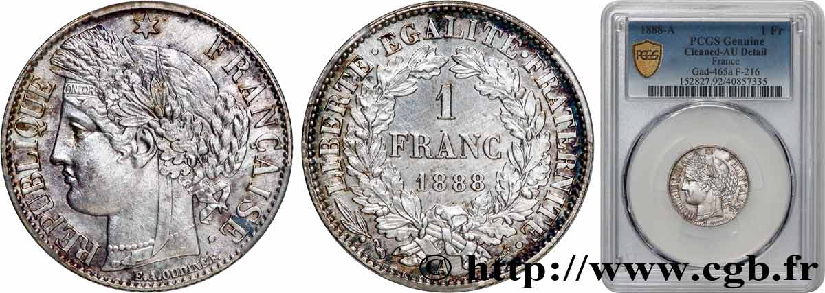 1 franc Cérès, IIIe République 1888 Paris F.216/10 TTB+ PCGS