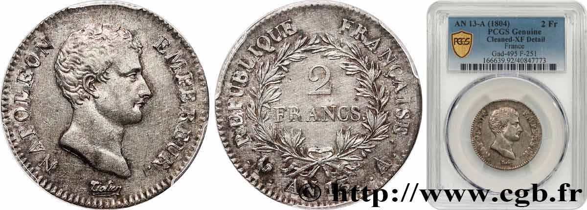 2 francs Napoléon Empereur, Calendrier révolutionnaire 1805 Paris F.251/12 TTB PCGS