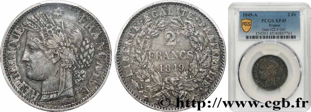 2 francs Cérès, IIe République 1849 Paris F.261/1 SS45 PCGS