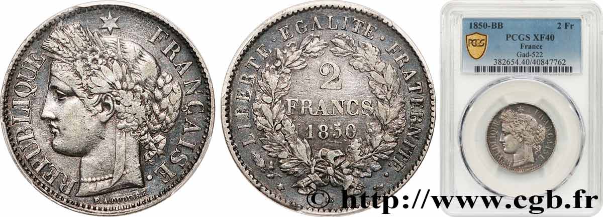 2 francs Cérès, IIe République 1850  Strasbourg F.261/5 SS40 PCGS