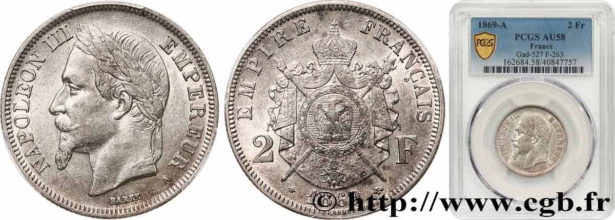 2 francs Napoléon III, tête laurée  1869 Paris F.263/10 SPL58 PCGS