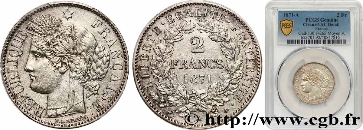 2 francs Cérès, avec légende 1871 Paris F.265/4 AU PCGS
