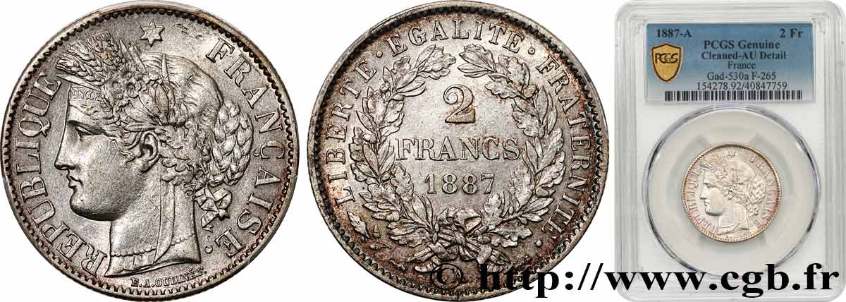 2 francs Cérès, avec légende 1887 Paris F.265/13 MBC+ PCGS