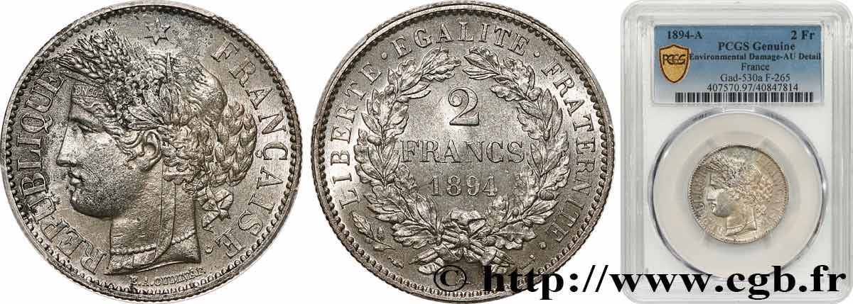 2 francs Cérès, avec légende 1894 Paris F.265/16 AU PCGS