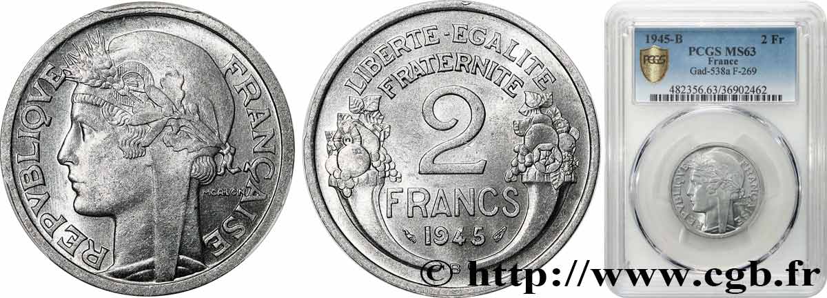 2 francs Morlon, aluminium 1945 Beaumont-Le-Roger F.269/6 MS63 PCGS