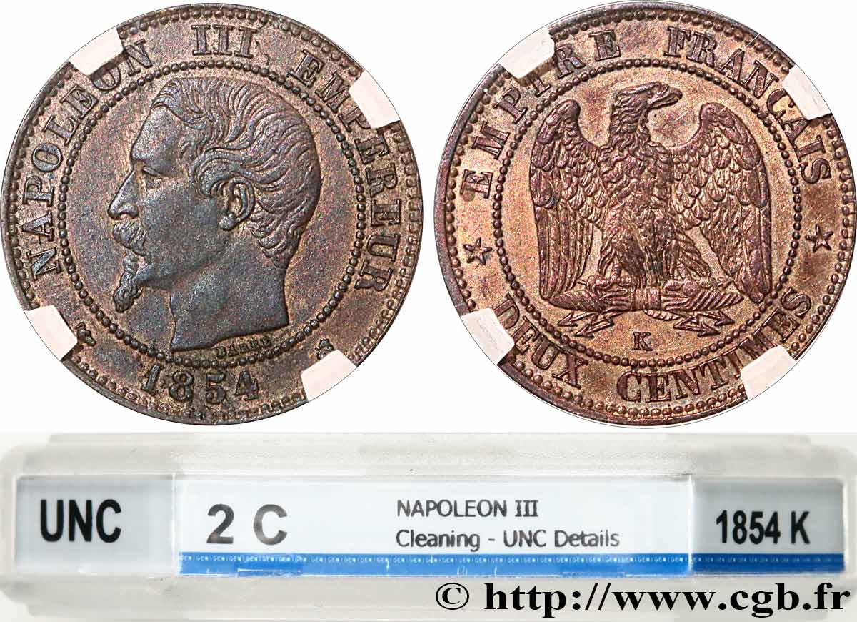 Deux centimes Napoléon III, tête nue 1854 Bordeaux F.107/16 SPL+ GENI