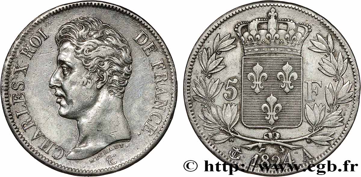 5 francs Charles X, 1er type 1824 Paris F.310/1 MBC 