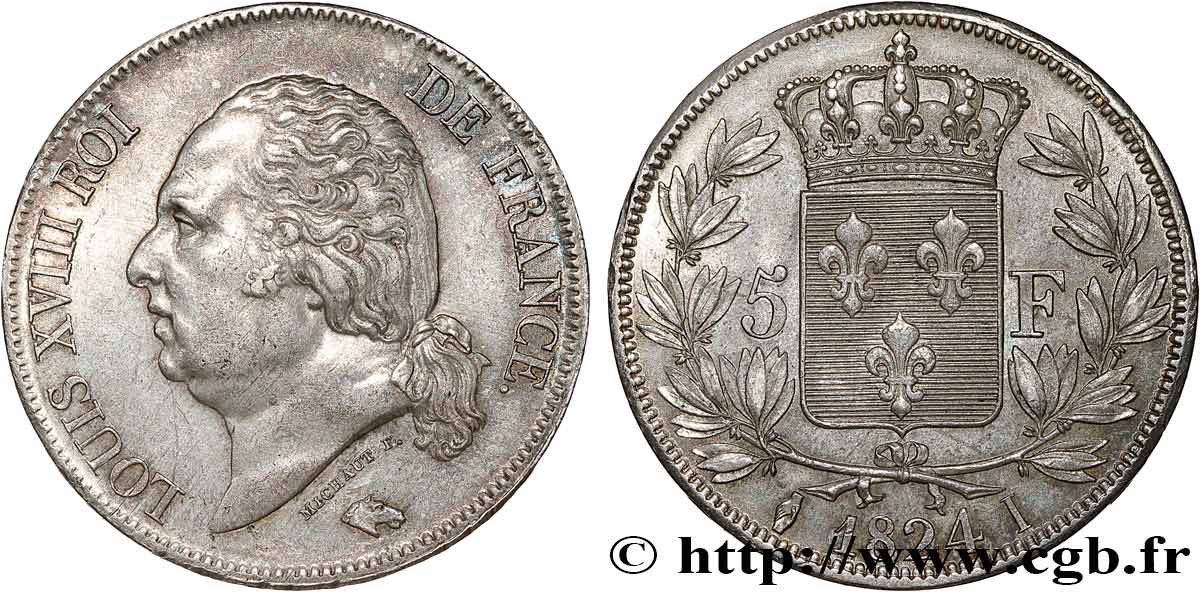 5 francs Louis XVIII, tête nue 1824 Limoges F.309/92 SPL58 