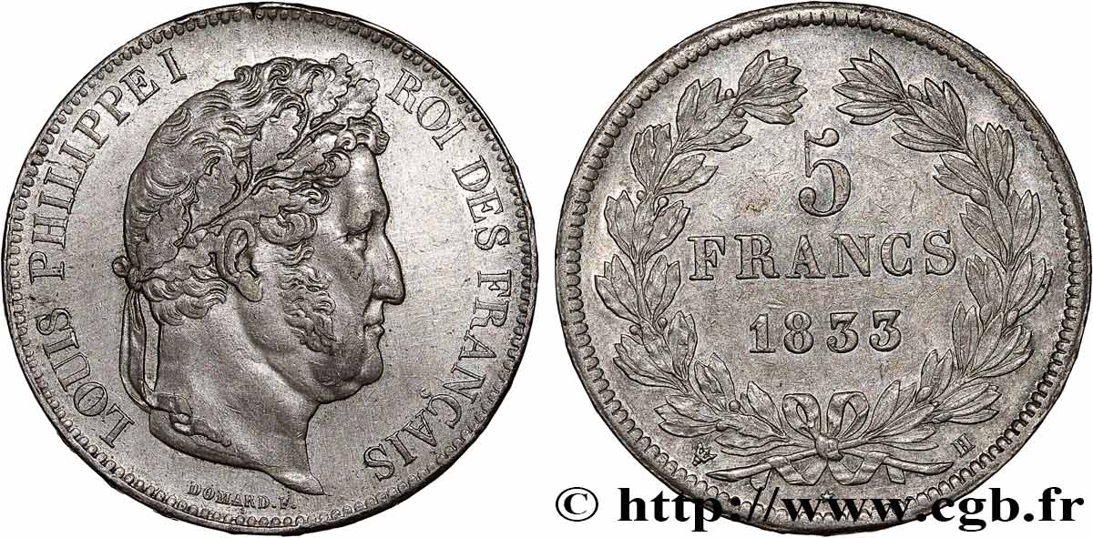 5 francs IIe type Domard 1833 La Rochelle F.324/18 AU55 