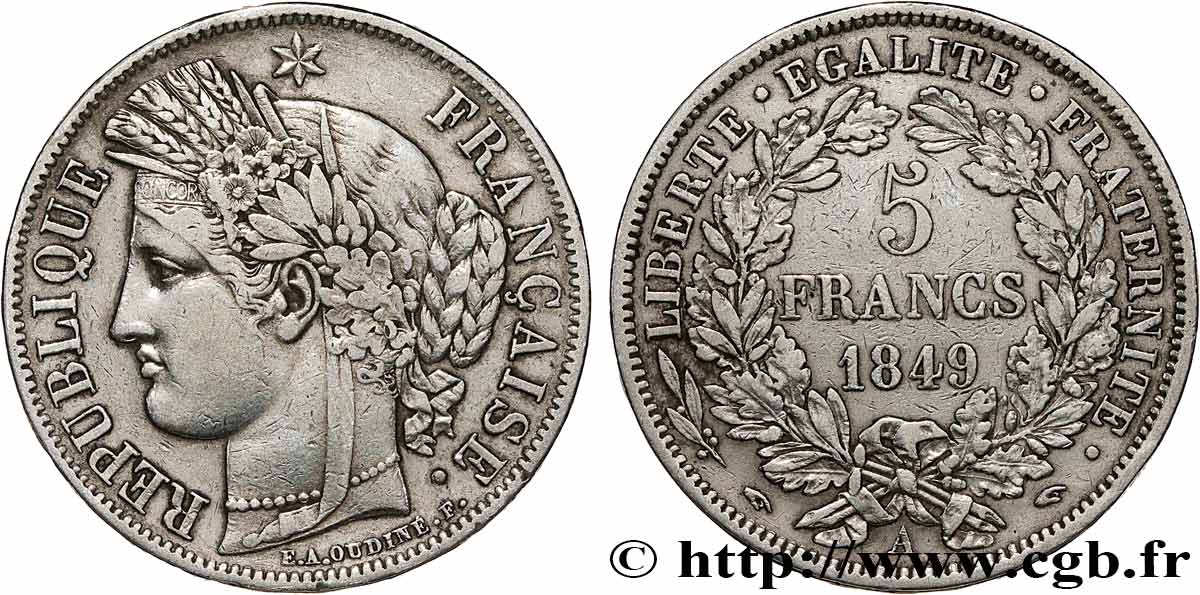 5 francs Cérès, IIe République, Main/Main 1849 Paris F.327/2 XF 