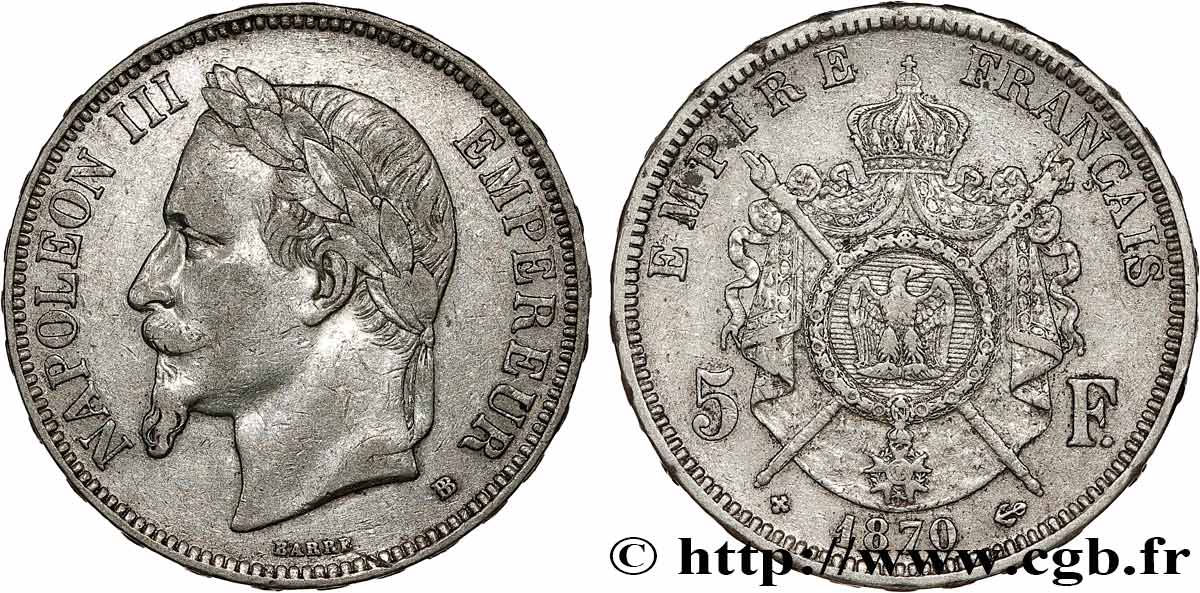 5 francs Napoléon III, tête laurée 1870 Strasbourg F.331/17 VF 