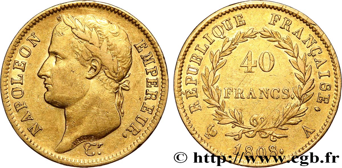 40 francs or Napoléon Ier tête laurée, République française 1808 Paris F.540/2 SS 