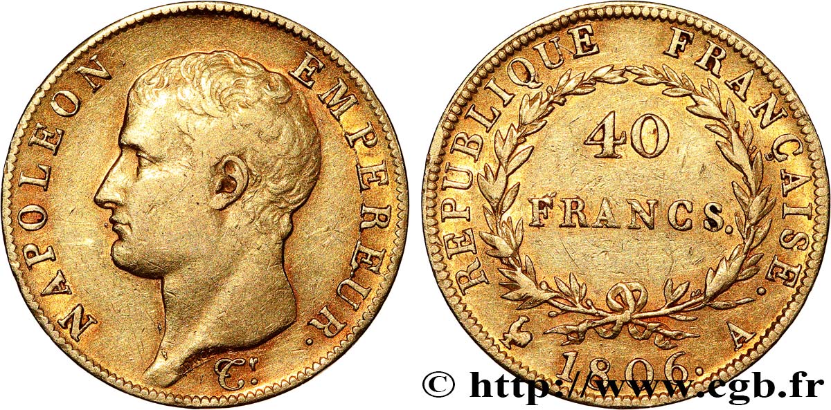 40 francs or Napoléon tête nue, Calendrier grégorien 1806 Paris F.538/1 BC+ 