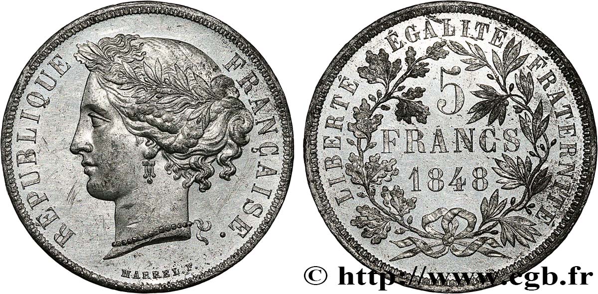 Concours de 5 francs, essai en étain par Marrel 1848 Paris VG.3084 var. SPL+ 