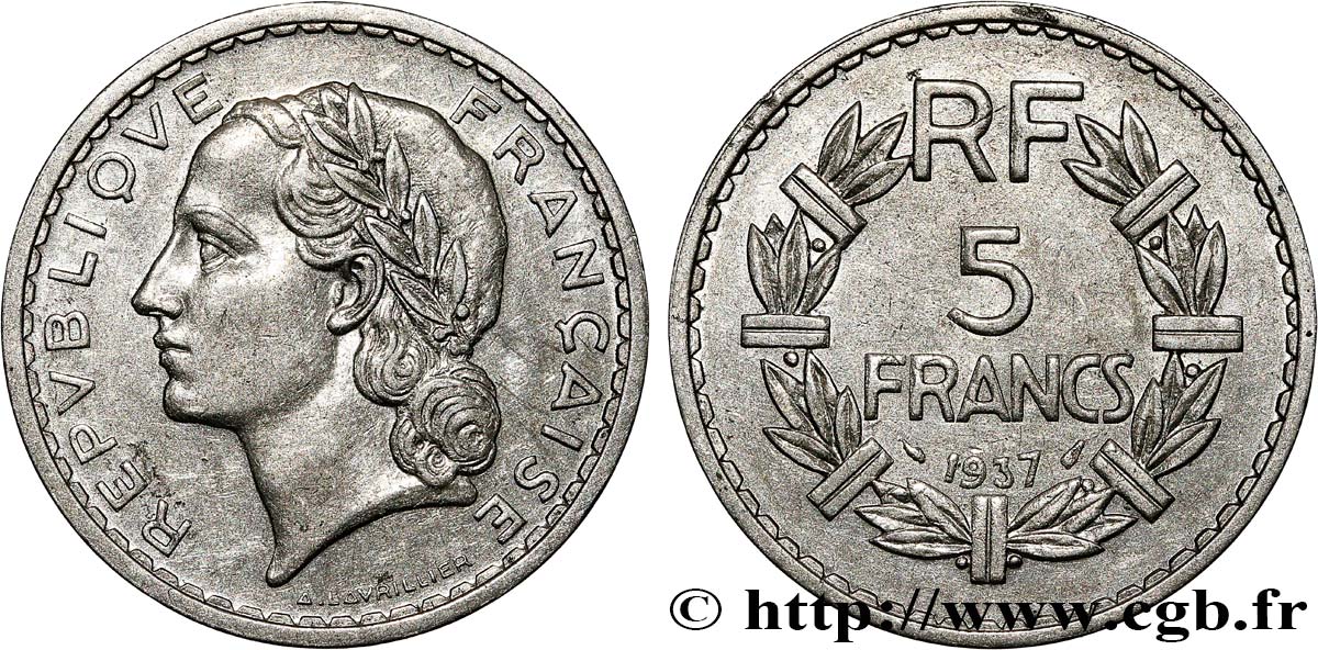 5 francs Lavrillier, nickel 1937  F.336/6 AU50 