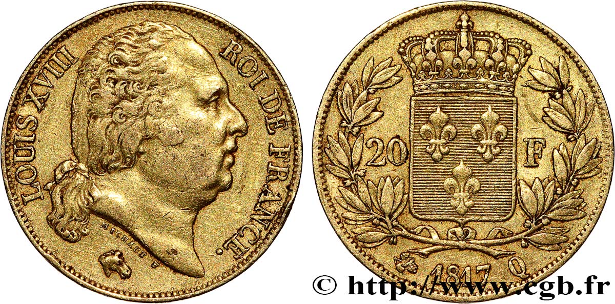 20 francs or Louis XVIII, tête nue 1817 Perpignan F.519/8 XF40 