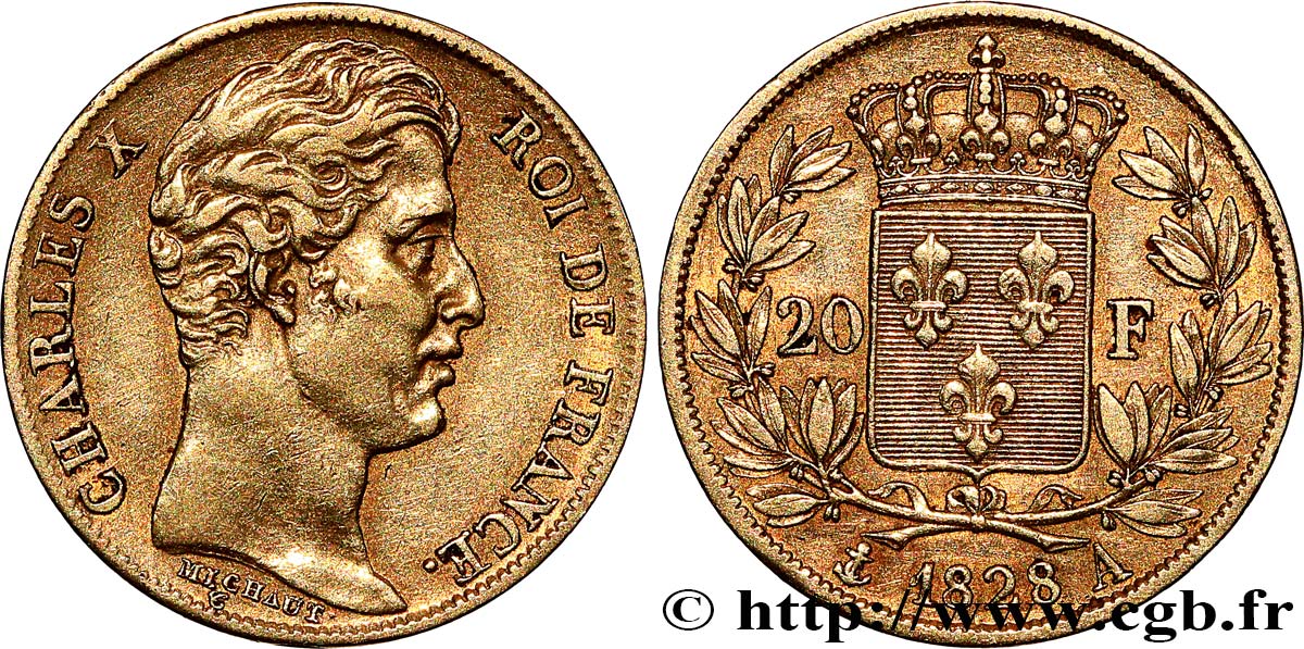 20 francs or Charles X, matrice du revers à cinq feuilles 1828 Paris F.521/2 XF/VF 