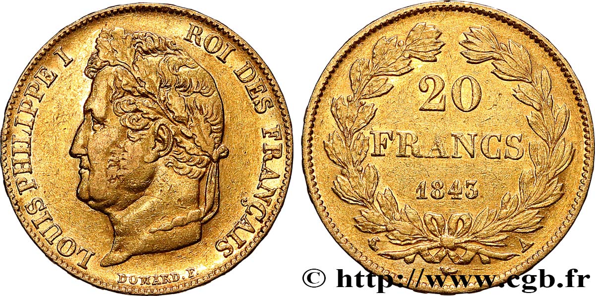 20 francs or Louis-Philippe, Domard 1843 Paris F.527/29 XF 