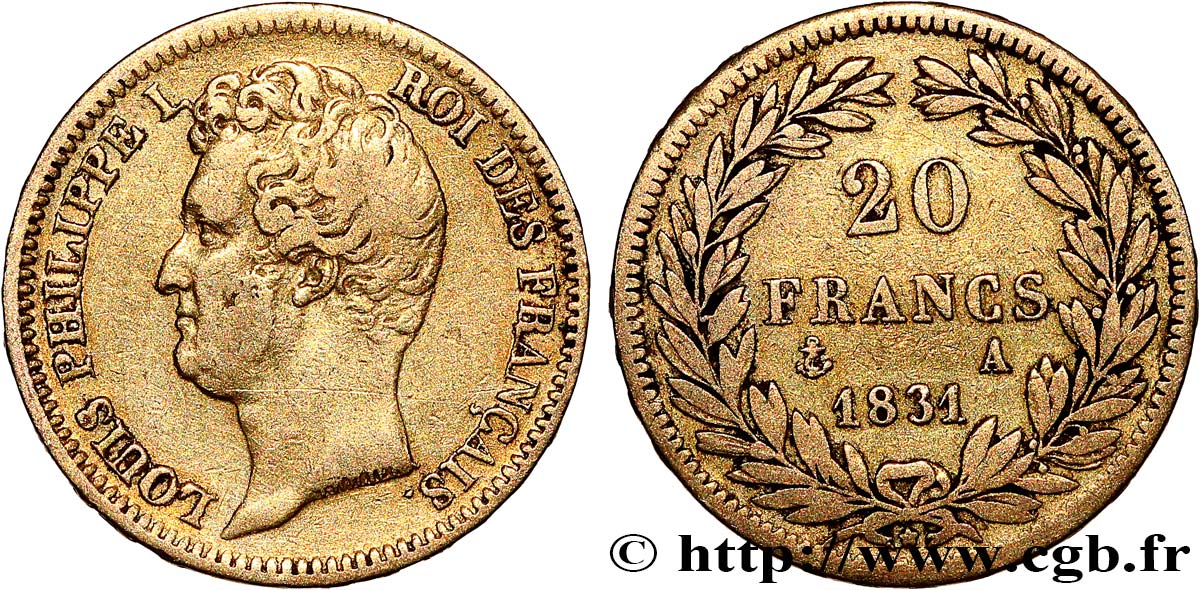 20 francs or Louis-Philippe, Tiolier, tranche inscrite en relief 1831 Paris F.525/2 TB 