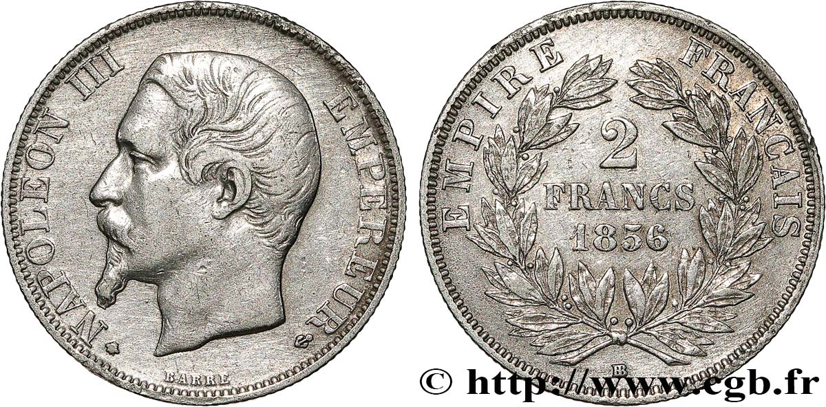 2 francs Napoléon III, tête nue, petit BB 1856 Strasbourg F.262/7 XF 