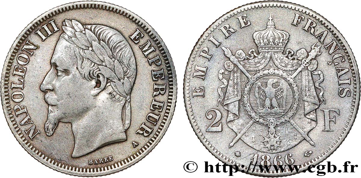 2 francs Napoléon III, tête laurée 1866 Paris F.263/2 BB 