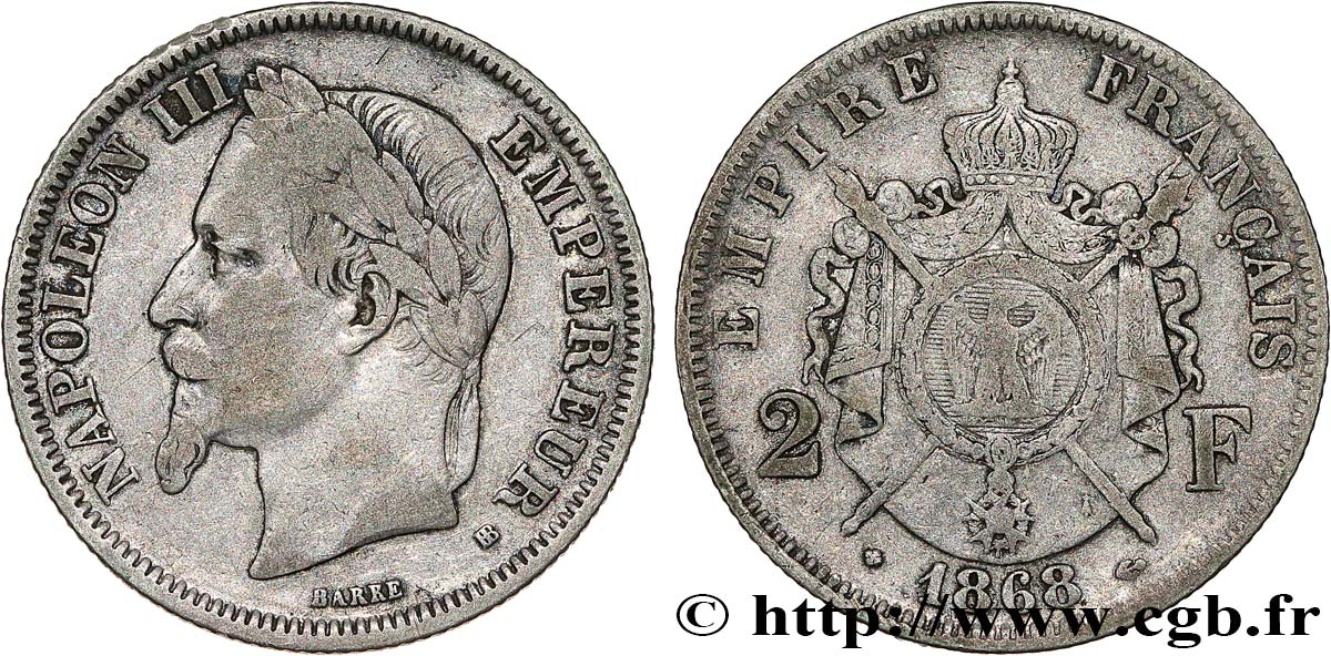 2 francs Napoléon III, tête laurée  1868 Strasbourg F.263/8 VF 