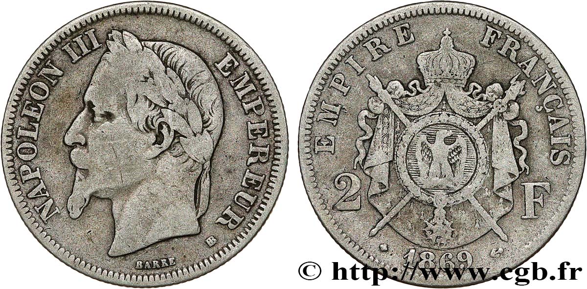 2 francs Napoléon III, tête laurée 1869 Strasbourg F.263/11 TB 