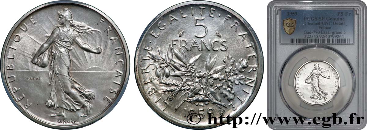 Essai de 5 francs Semeuse, argent, grand 5 1959 Paris F.340/1 MS PCGS