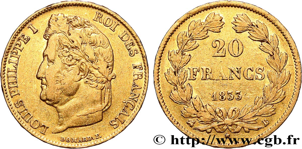 20 francs Louis-Philippe, Domard 1833 Rouen F.527/5 XF 