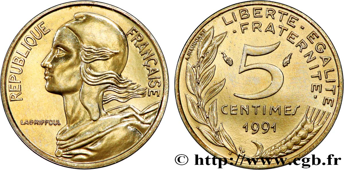 5 centimes Marianne, BU (Brillant Universel), frappe médaille 1991 Pessac F.125/28 MS 
