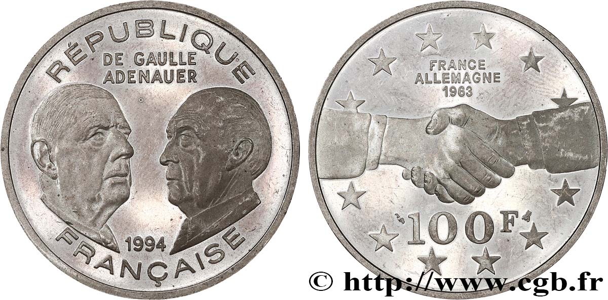 Belle Épreuve 100 francs - De Gaulle/Adénauer 1994 Paris F5.1637 1 EBC 
