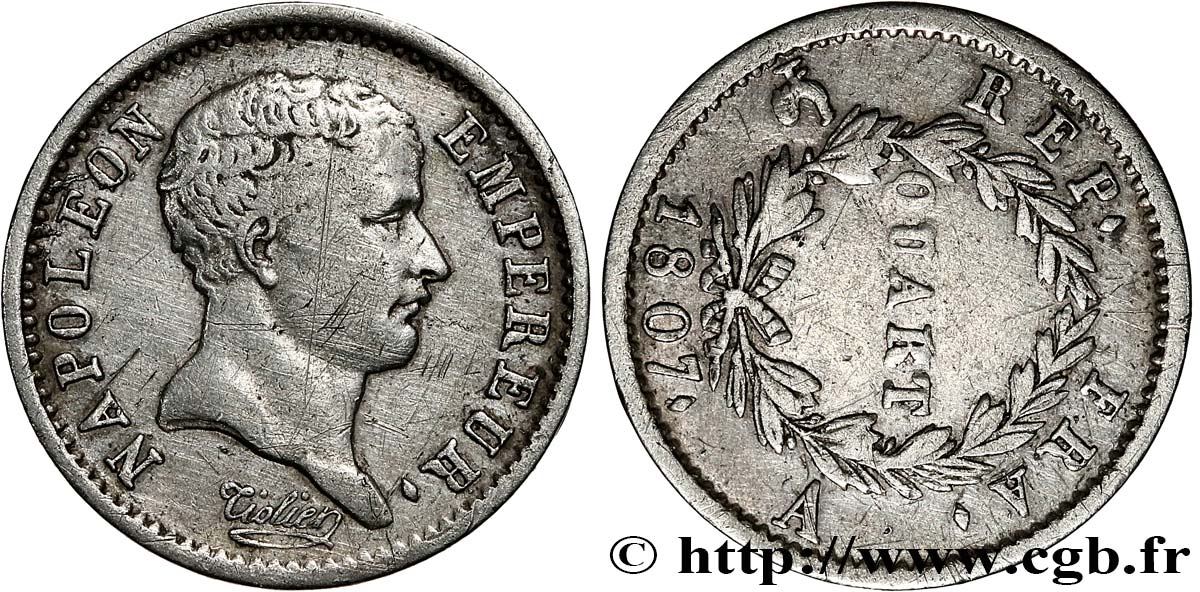 Quart (de franc) Napoléon Empereur, tête de nègre, Fauté coins tournés à 3h 1807 Paris F.160/1 var. q.BB 