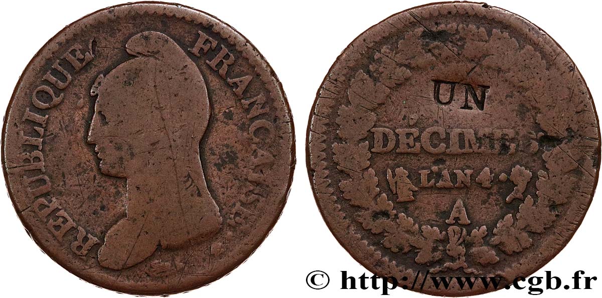 Un décime Dupré, modification du 2 décimes 1796 Paris F.127/1 B 