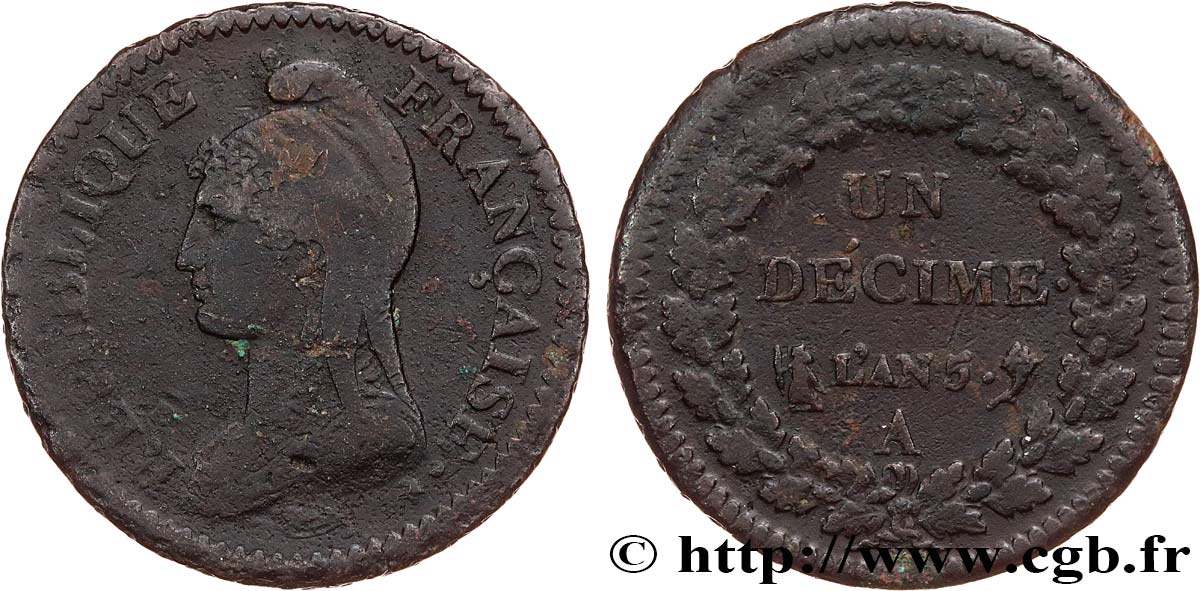 Un décime Dupré, grand module 1797 Paris F.129/1 VF 