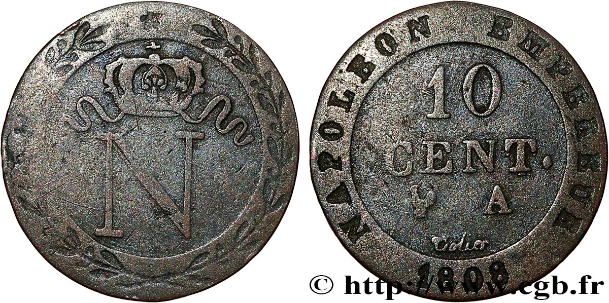 Faux de 10 cent. à l&nbsp;N couronnée 1808 Paris F.130/2 var. S 