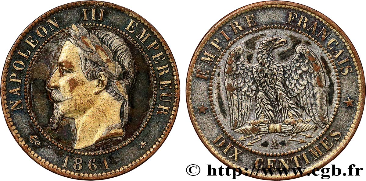 Dix centimes Napoléon III, tête laurée, plaquée 1861 Paris F.134/4 var. TTB 
