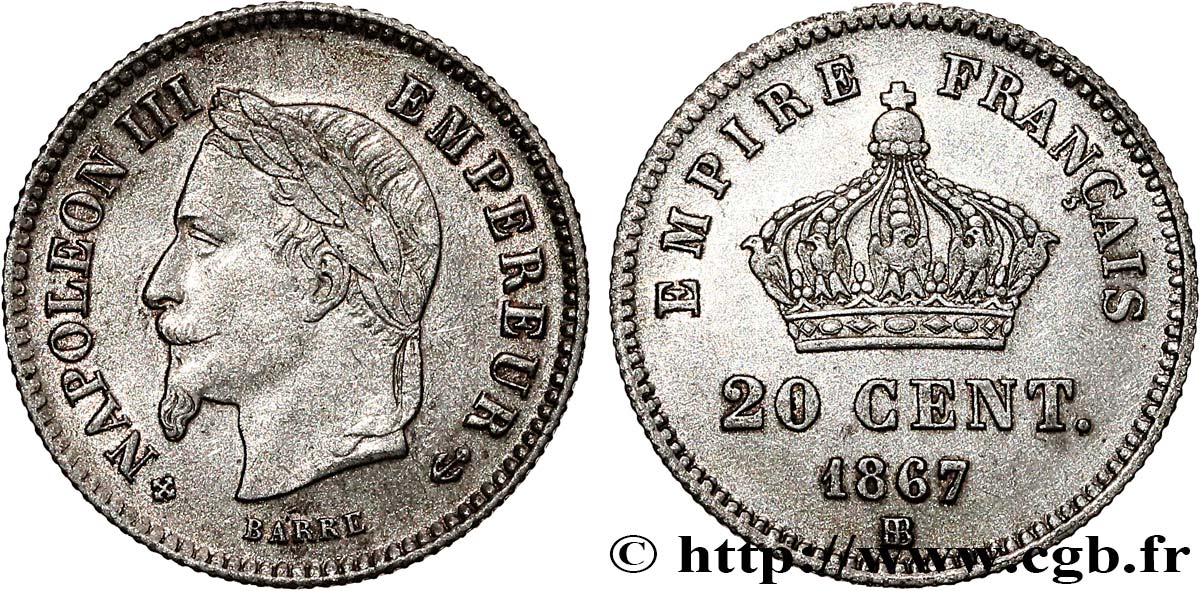 20 centimes Napoléon III, tête laurée, grand module 1867 Strasbourg F.150/2 TTB+ 