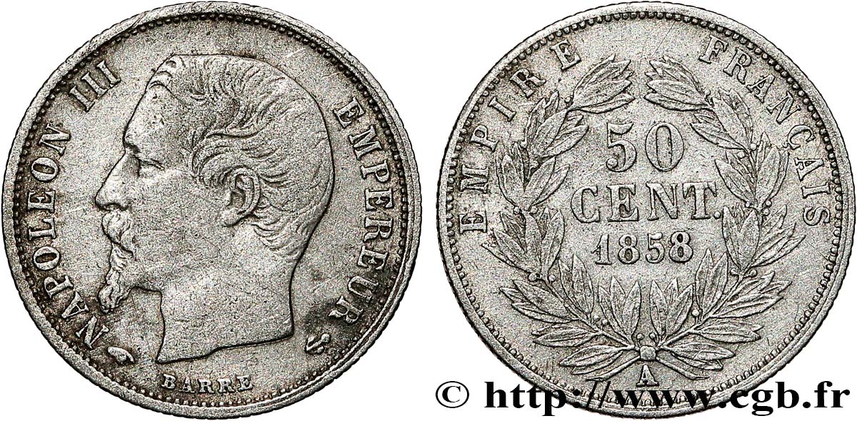 50 centimes Napoléon III, tête nue 1858 Paris F.187/9 TB+ 