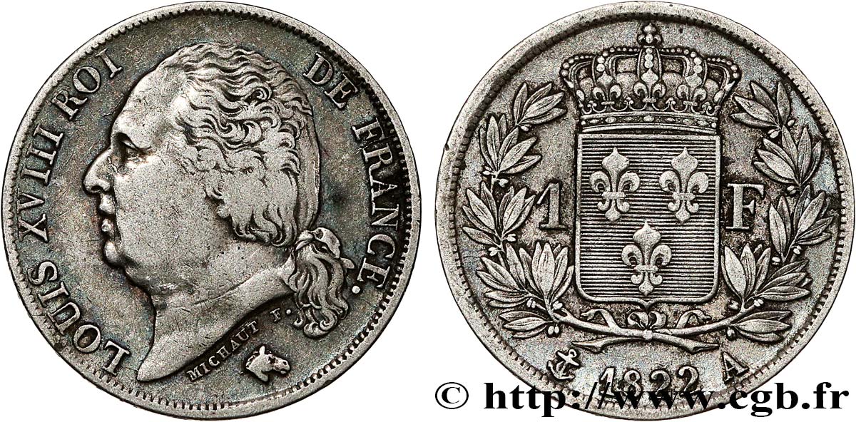 1 franc Louis XVIII 1822 Paris F.206/40 MBC 