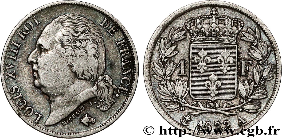 1 franc Louis XVIII 1822 Paris F.206/40 SS 