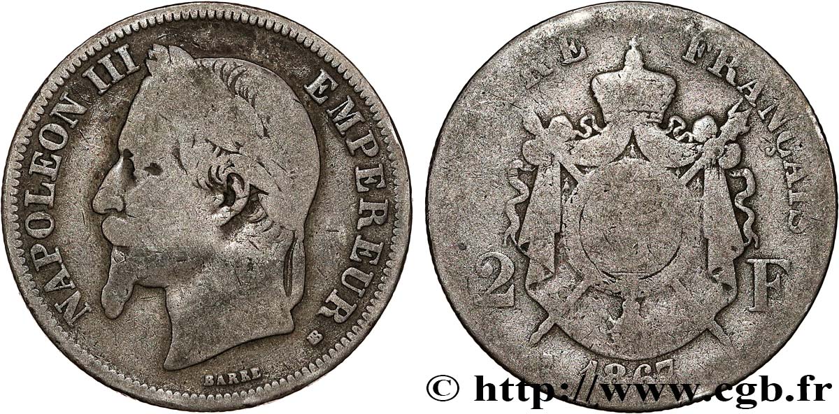 2 francs Napoléon III, tête laurée 1867 Strasbourg F.263/6 SGE8 