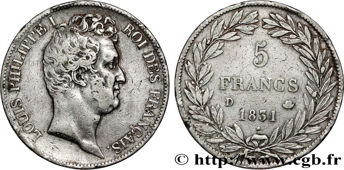 5 francs type Tiolier avec le I, tranche en creux 1831 Lyon F.315/17 VF 