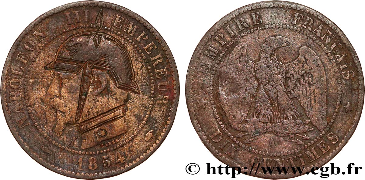 Dix centimes Napoléon III, tête nue, satirique 1854 Paris F.133/11 var. F 