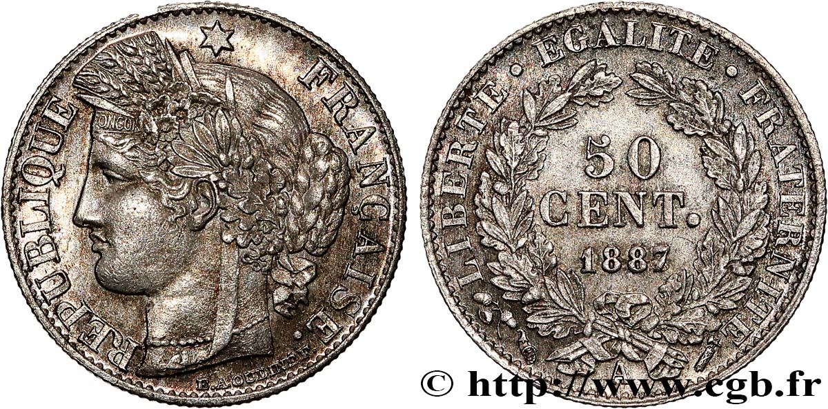 50 centimes Cérès, Troisième République 1887 Paris F.189/12 SUP62 