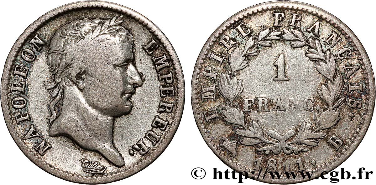 1 franc Napoléon Ier tête laurée, Empire français 1811 Rouen F.205/29 TB 